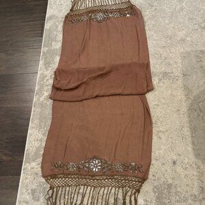 Sue Wong 100% Silk Scarf Shawl Large Brown Silver Sheer Lace Hand Beaded New #41